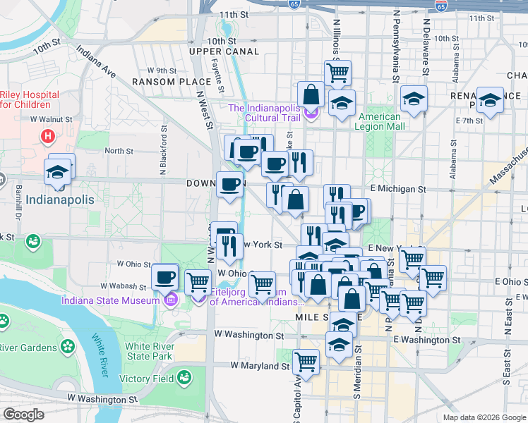 map of restaurants, bars, coffee shops, grocery stores, and more near 430 Indiana Avenue in Indianapolis
