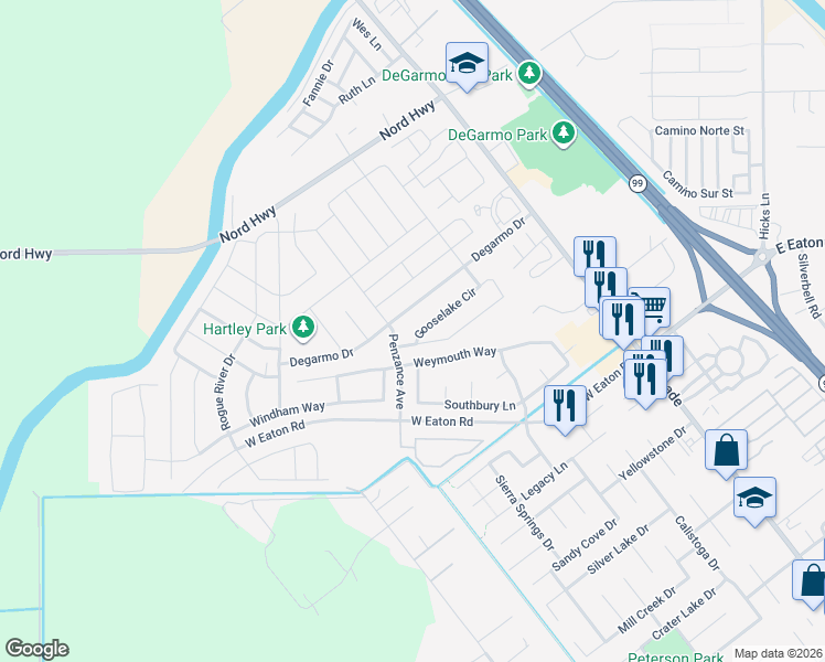 map of restaurants, bars, coffee shops, grocery stores, and more near 111 Gooselake Circle in Chico