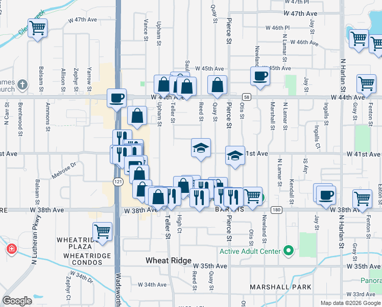 map of restaurants, bars, coffee shops, grocery stores, and more near 4001 Reed Street in Wheat Ridge