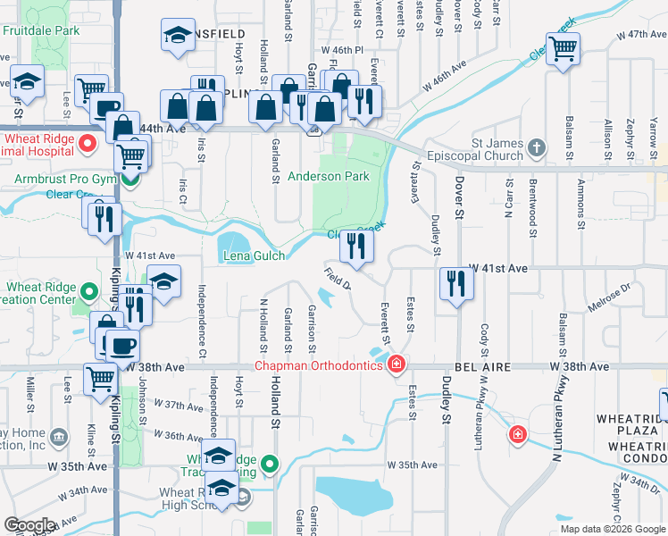 map of restaurants, bars, coffee shops, grocery stores, and more near 4052 Field Drive in Wheat Ridge