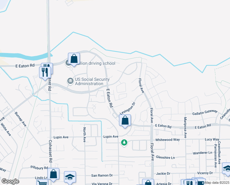 map of restaurants, bars, coffee shops, grocery stores, and more near 1749 East Eaton Road in Chico