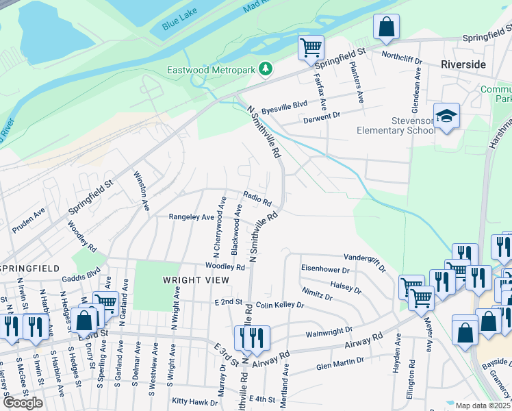 map of restaurants, bars, coffee shops, grocery stores, and more near 323 North Smithville Road in Dayton