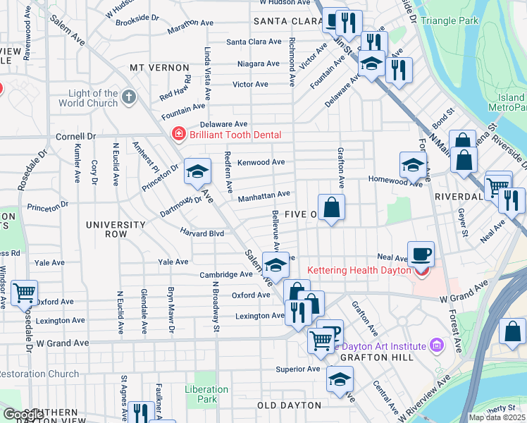 map of restaurants, bars, coffee shops, grocery stores, and more near 938 Harvard Boulevard in Dayton