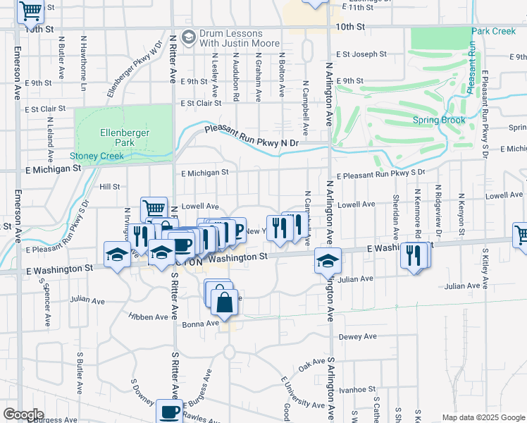 map of restaurants, bars, coffee shops, grocery stores, and more near 5760 East New York Street in Indianapolis