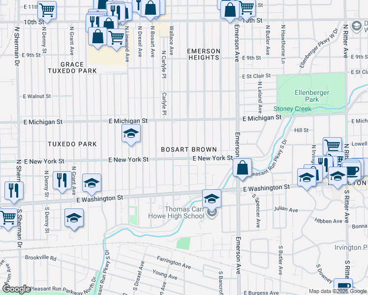 map of restaurants, bars, coffee shops, grocery stores, and more near 4824 East New York Street in Indianapolis