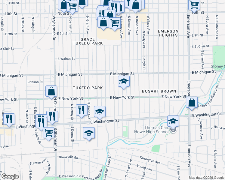 map of restaurants, bars, coffee shops, grocery stores, and more near 312 North Euclid Avenue in Indianapolis