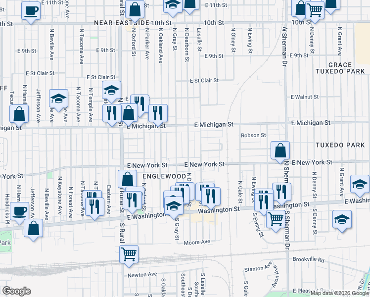 map of restaurants, bars, coffee shops, grocery stores, and more near 317 North Dearborn Street in Indianapolis