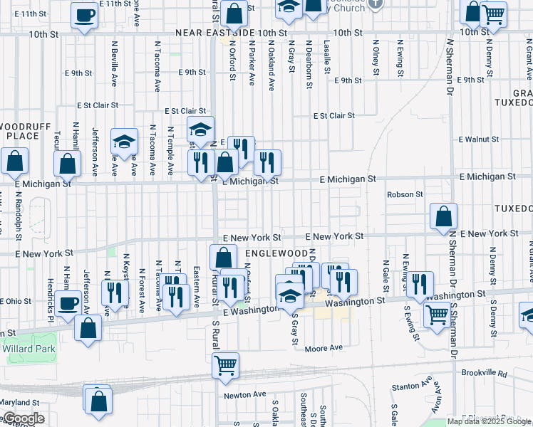 map of restaurants, bars, coffee shops, grocery stores, and more near 320 North Oakland Avenue in Indianapolis