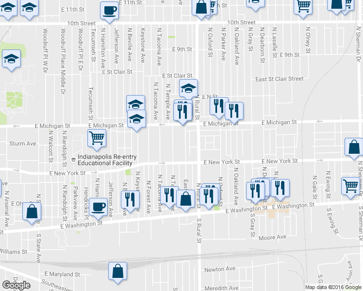 map of restaurants, bars, coffee shops, grocery stores, and more near 326 Eastern Avenue in Indianapolis