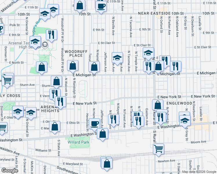 map of restaurants, bars, coffee shops, grocery stores, and more near 349 Jefferson Avenue in Indianapolis