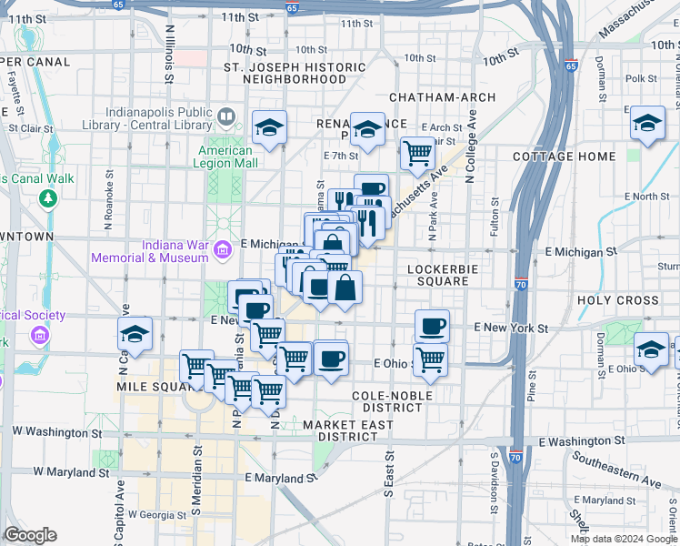 map of restaurants, bars, coffee shops, grocery stores, and more near in Indianapolis