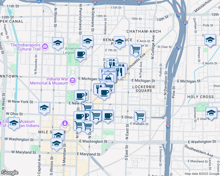 map of restaurants, bars, coffee shops, grocery stores, and more near in Indianapolis