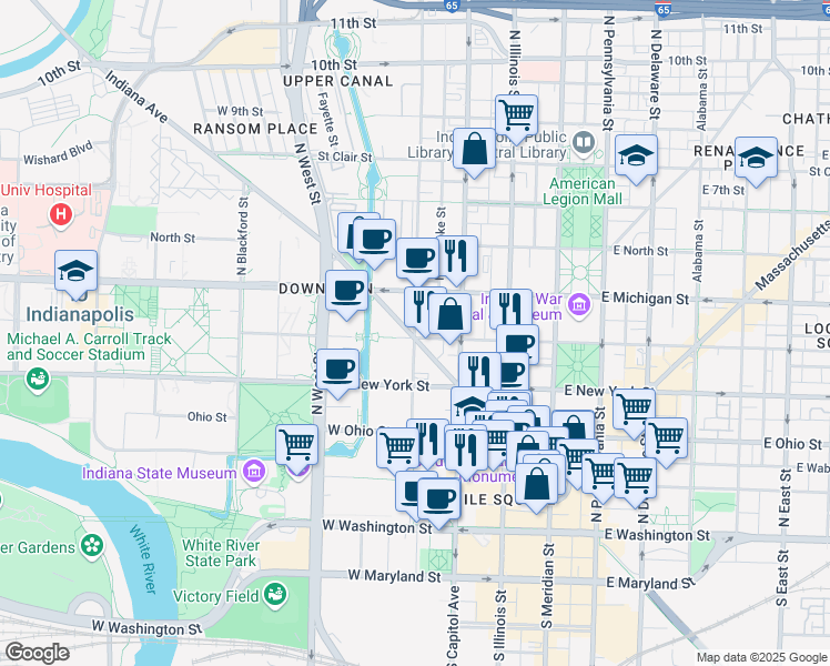 map of restaurants, bars, coffee shops, grocery stores, and more near 360 Indiana Avenue in Indianapolis