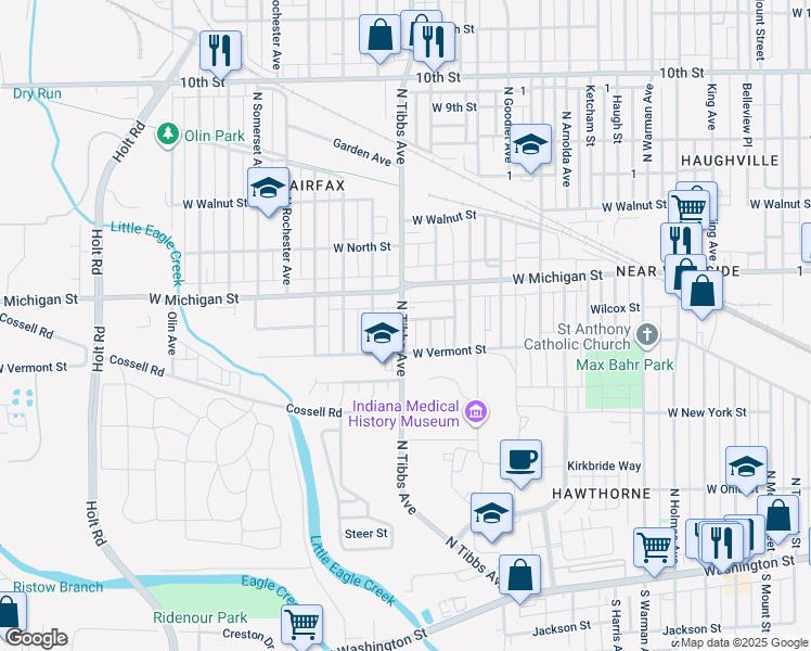 map of restaurants, bars, coffee shops, grocery stores, and more near 408 North Moreland Avenue in Indianapolis