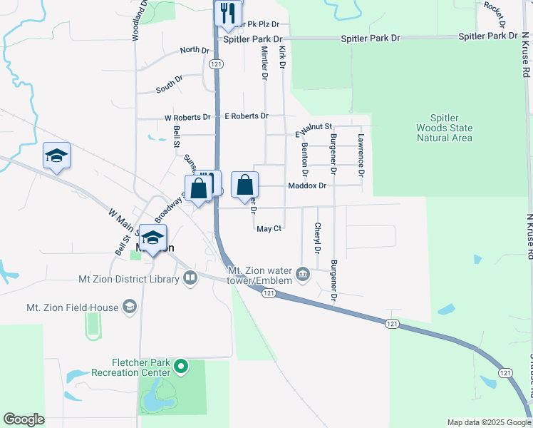 map of restaurants, bars, coffee shops, grocery stores, and more near 300-344 May Court in Mount Zion
