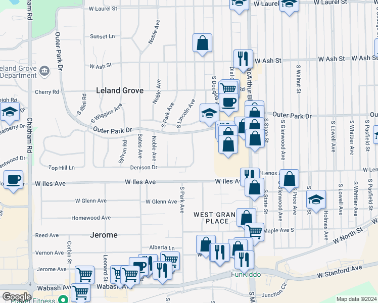 map of restaurants, bars, coffee shops, grocery stores, and more near 2328 Cherry Hills Drive in Springfield