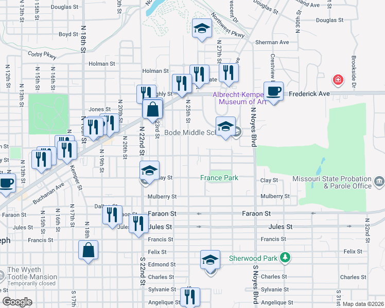 map of restaurants, bars, coffee shops, grocery stores, and more near 627 North 25th Street in Saint Joseph