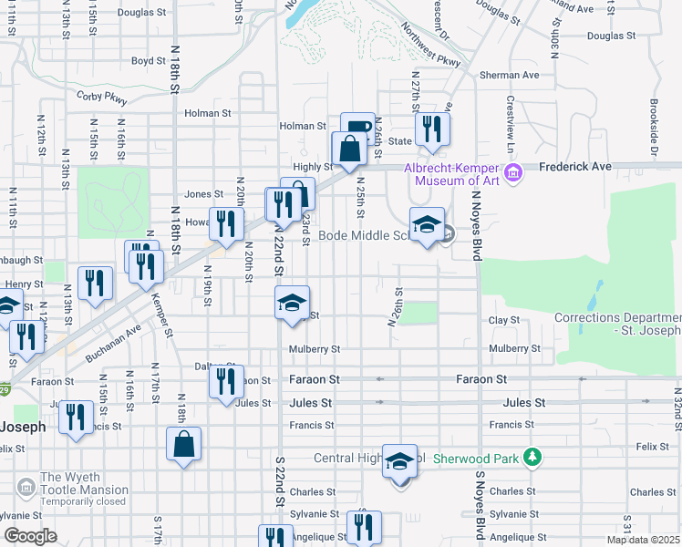 map of restaurants, bars, coffee shops, grocery stores, and more near 629 North 24th Street in Saint Joseph