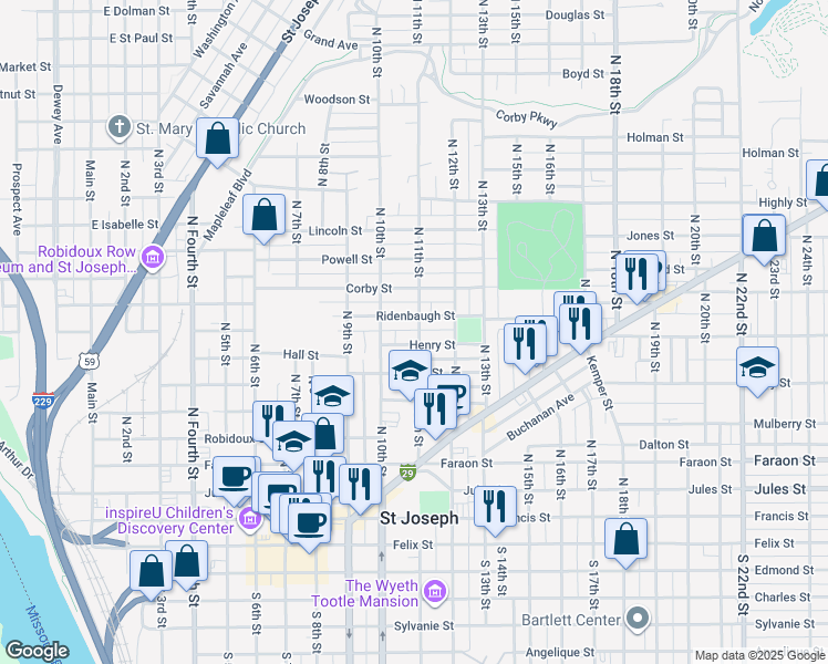 map of restaurants, bars, coffee shops, grocery stores, and more near in Saint Joseph