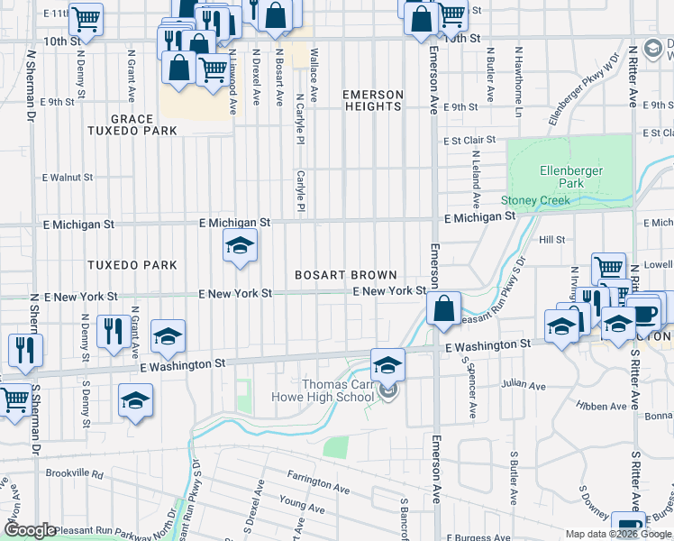 map of restaurants, bars, coffee shops, grocery stores, and more near 4824 East New York Street in Indianapolis