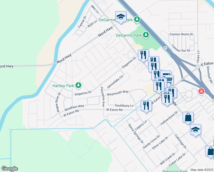 map of restaurants, bars, coffee shops, grocery stores, and more near 111 Gooselake Circle in Chico