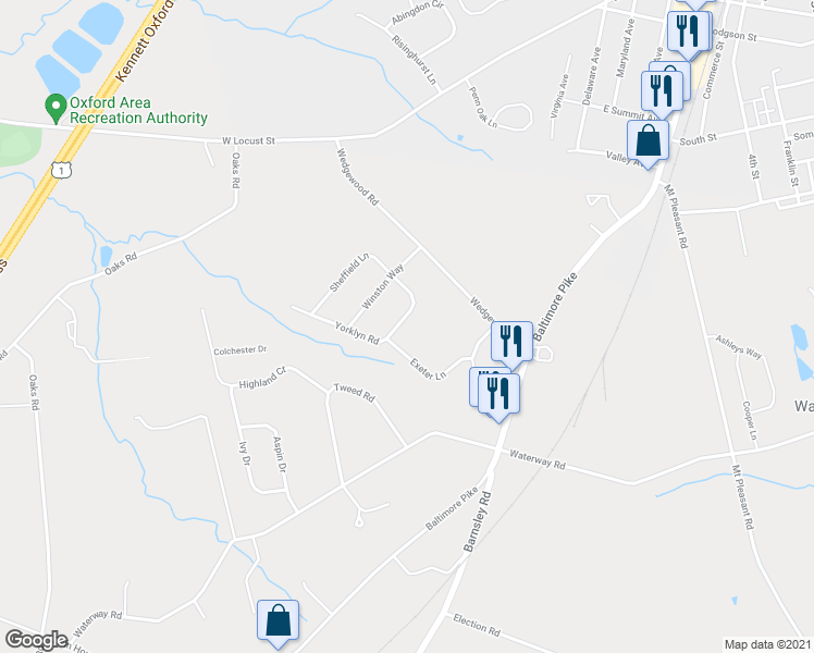 map of restaurants, bars, coffee shops, grocery stores, and more near 319 Yorklyn Road in Oxford