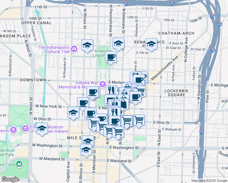 map of restaurants, bars, coffee shops, grocery stores, and more near 333 North Pennsylvania Street in Indianapolis