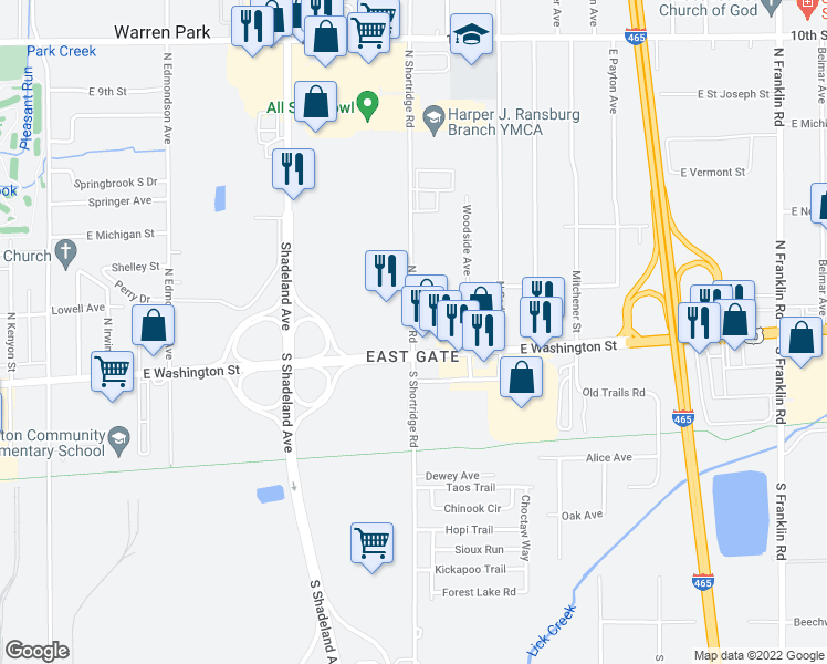 map of restaurants, bars, coffee shops, grocery stores, and more near 251 North Shortridge Road in Indianapolis