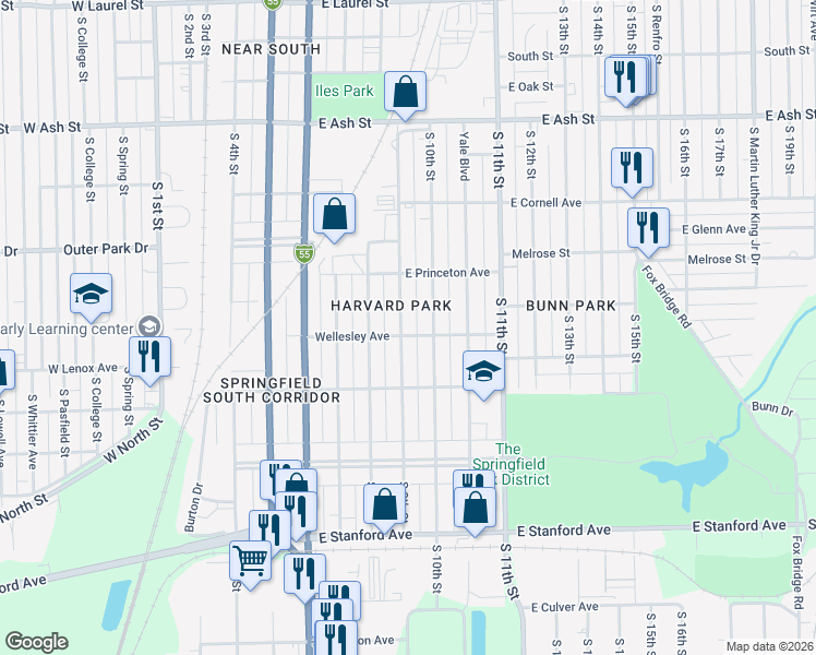 map of restaurants, bars, coffee shops, grocery stores, and more near 2404 South 9th Street in Springfield