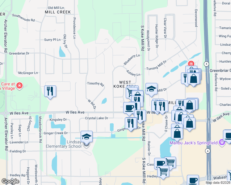 map of restaurants, bars, coffee shops, grocery stores, and more near 2308 Checkerberry Lane in Springfield
