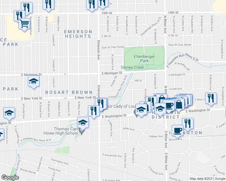 map of restaurants, bars, coffee shops, grocery stores, and more near 309 Poplar Road in Indianapolis