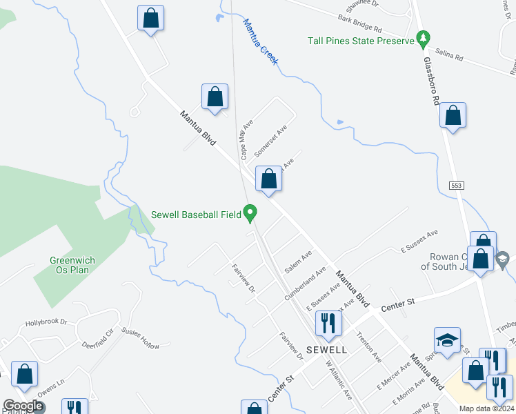 map of restaurants, bars, coffee shops, grocery stores, and more near 611 Mantua Blvd in Sewell