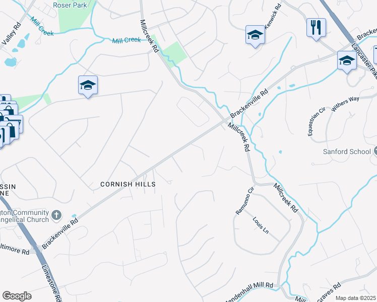 map of restaurants, bars, coffee shops, grocery stores, and more near 1719 Brackenville Road in Hockessin