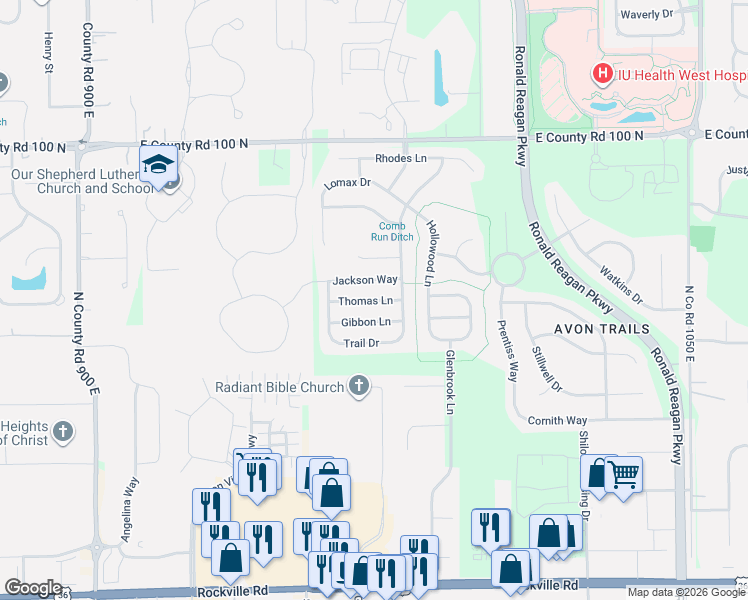 map of restaurants, bars, coffee shops, grocery stores, and more near 9718 Gibbon Lane in Avon