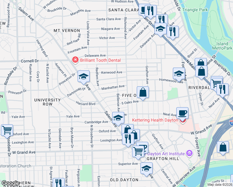 map of restaurants, bars, coffee shops, grocery stores, and more near 830 Harvard Boulevard in Dayton