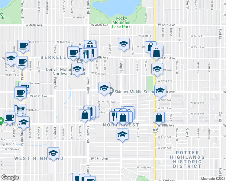 map of restaurants, bars, coffee shops, grocery stores, and more near Julian St & W 41st Ave in Denver