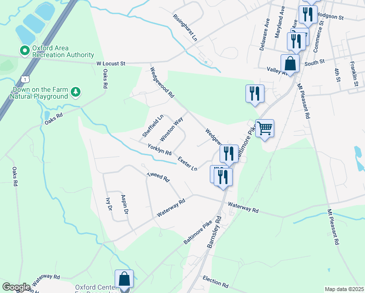 map of restaurants, bars, coffee shops, grocery stores, and more near 319 Yorklyn Road in Oxford
