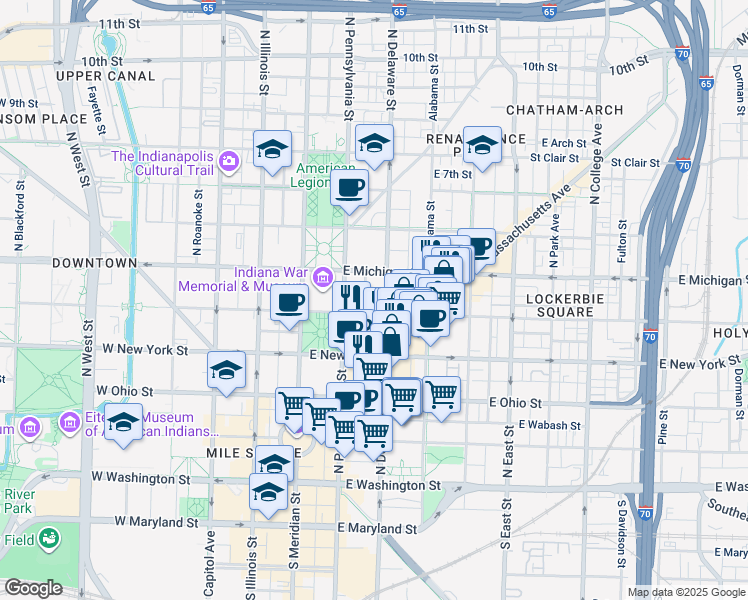 map of restaurants, bars, coffee shops, grocery stores, and more near 325 North Delaware Street in Indianapolis
