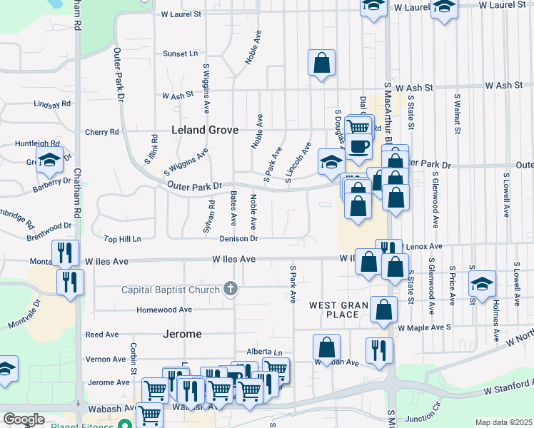 map of restaurants, bars, coffee shops, grocery stores, and more near 1365-1499 Denison Drive in Springfield
