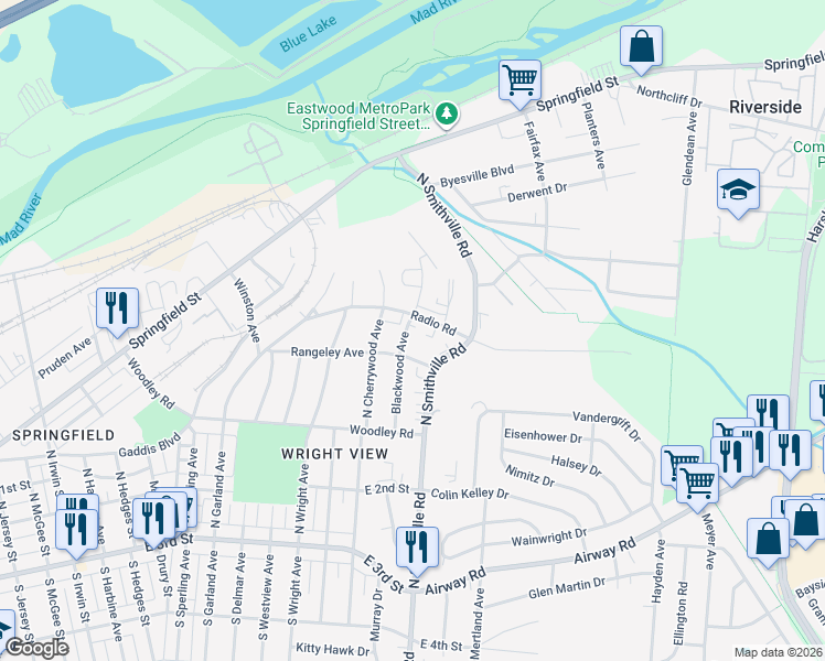 map of restaurants, bars, coffee shops, grocery stores, and more near 1709 Rangeley Avenue in Dayton