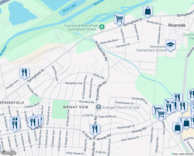 map of restaurants, bars, coffee shops, grocery stores, and more near 1709 Rangeley Avenue in Dayton
