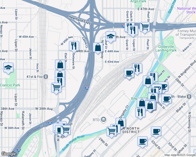 map of restaurants, bars, coffee shops, grocery stores, and more near 4100 Globeville Rd in Denver