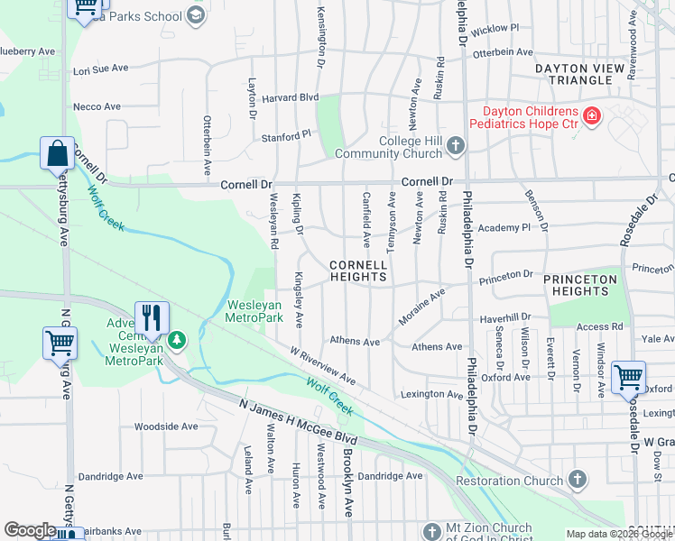 map of restaurants, bars, coffee shops, grocery stores, and more near 1406 Kipling Drive in Dayton