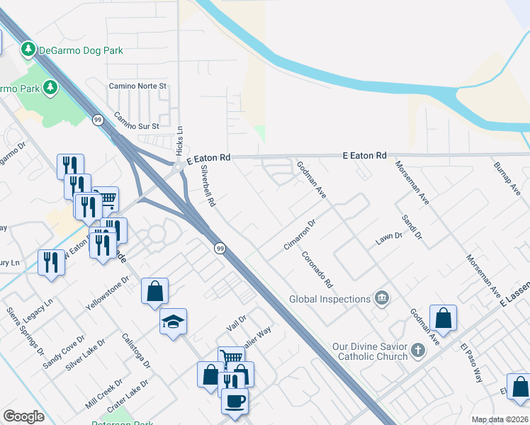 map of restaurants, bars, coffee shops, grocery stores, and more near 3361 Hackamore Lane in Chico