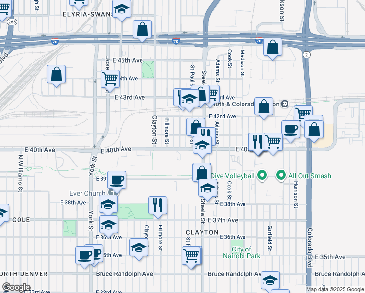 map of restaurants, bars, coffee shops, grocery stores, and more near in Denver