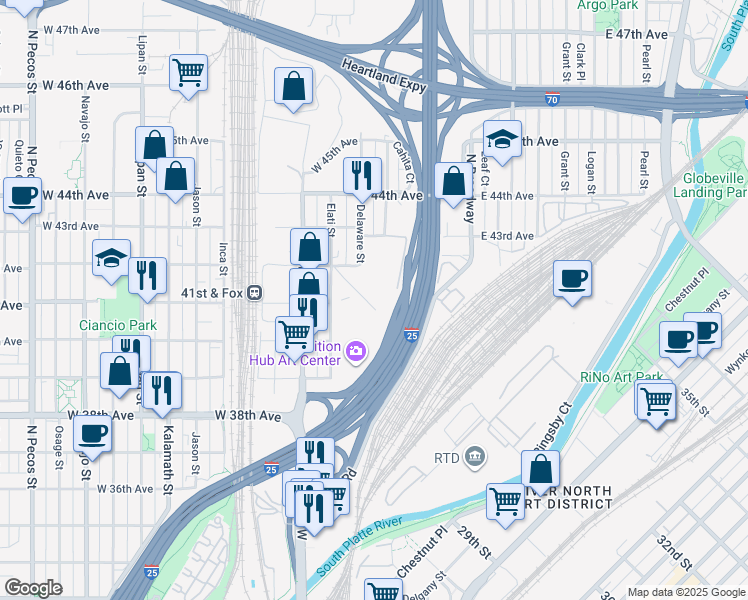 map of restaurants, bars, coffee shops, grocery stores, and more near 2580 31st Street in Denver