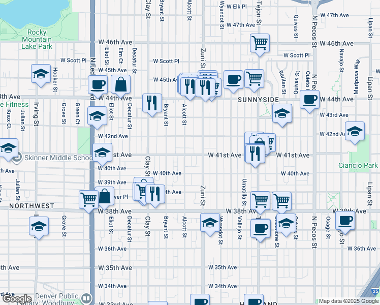 map of restaurants, bars, coffee shops, grocery stores, and more near 2430 West 41st Avenue in Denver