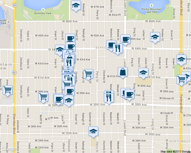 map of restaurants, bars, coffee shops, grocery stores, and more near 4016 Perry Street in Denver