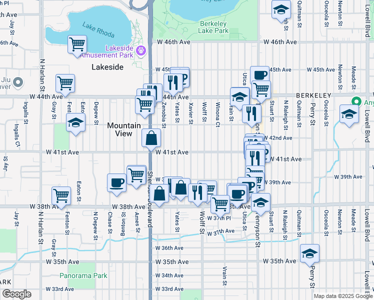 map of restaurants, bars, coffee shops, grocery stores, and more near 3978 Xavier Street in Denver