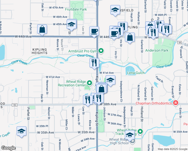 map of restaurants, bars, coffee shops, grocery stores, and more near 4000-4034 Kipling Street in Wheat Ridge